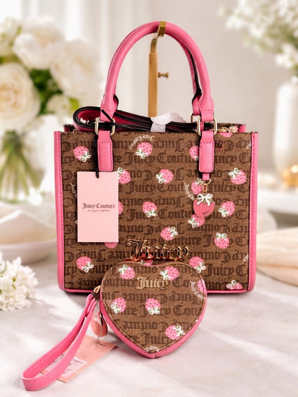 Juicy Couture “Berry Sweet” Mini Satchel, chestnut/pink, strawberry & wallet set